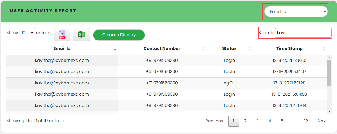 Login Activity Search result - CyLock